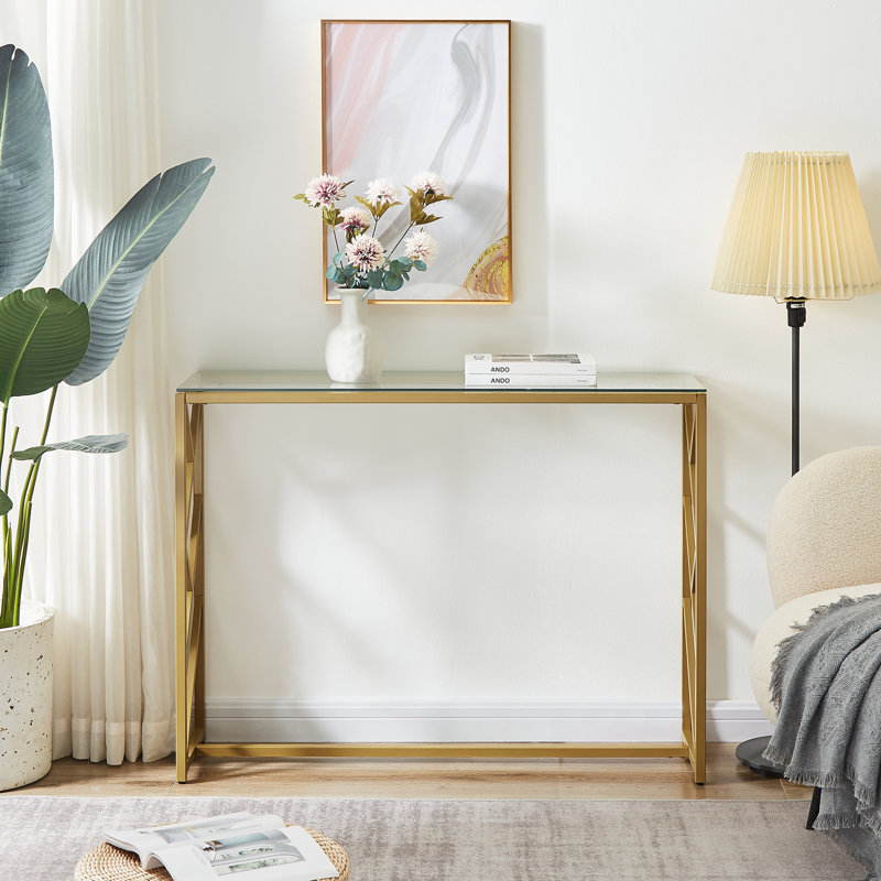 Everly Quinn Rectangle Glass Console Table With Chrome Frame Modern Gold Entryway Table With Metal Legs Side Table For Hallway Living Room Bedroom And Home Office Wayfair